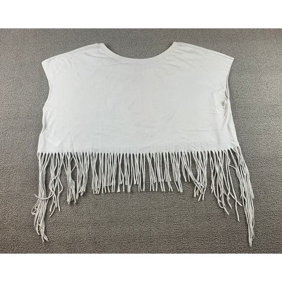 Forever 21 Women M White Western Bull Skull Graphic Fringe Cropped T-Shirt - Picture 2 of 9